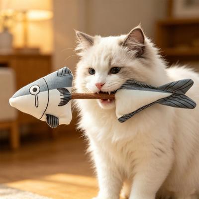 Fish Shape Catnip Stick Plush Cat Toy with Catnip and Wooden Polygonum Bite-Resistant Cat Toy for Teeth Cleaning & Stress Relief