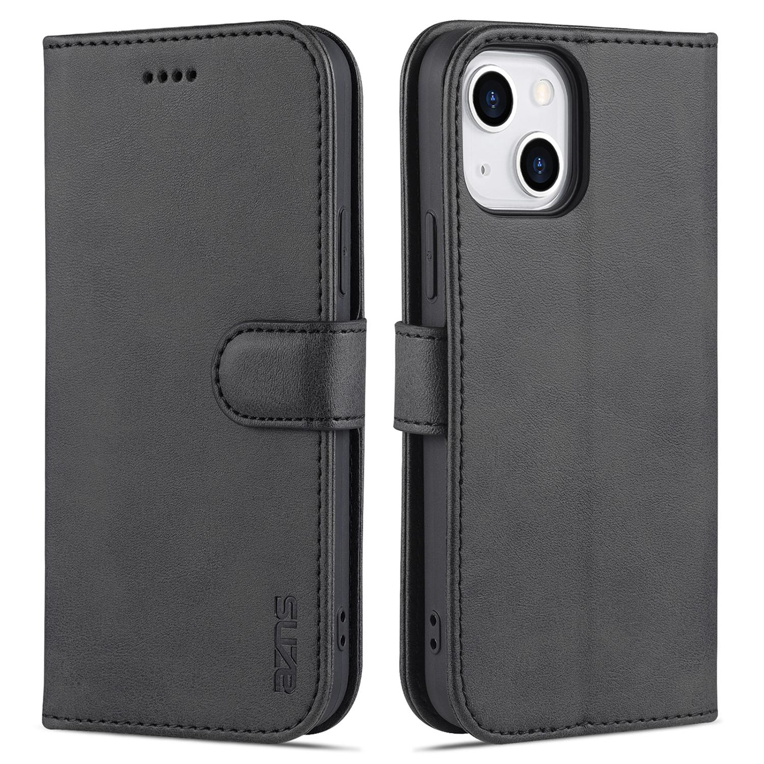 

AZNS For iPhone 15 Plus Dustproof Cell Phone Cover Stand Wallet PU Leather Phone Case Black