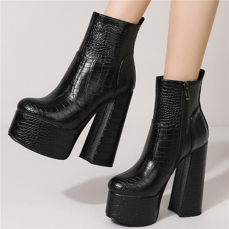 Sexy Dame Ankelstøvletter Plattform Cowboystøvletter For Damer Blokkhøye Hæler Glidelås Svarte Hvite Korte Festsko Kvinne Nye 2025