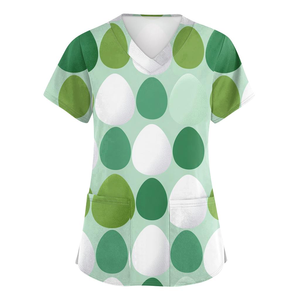 Women's Fashion V-Neck Short-Sleeved Workwear With Pockets Easter Print Top Caregiver Uniform