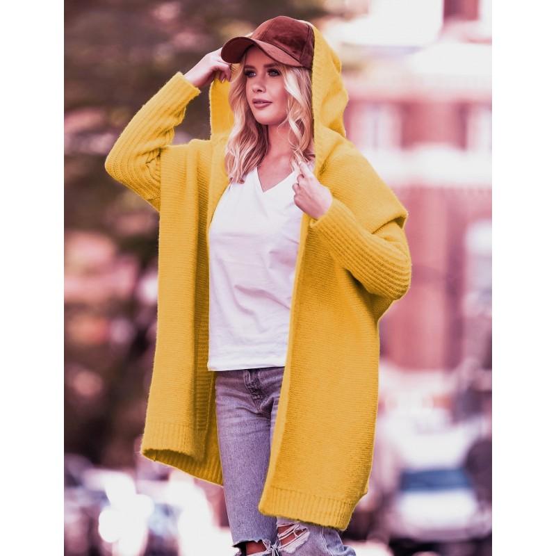Pull en tricot à capuche chauve-souris surdimensionné pour femme 2026 Mélange d'acrylique doux Chic décontracté Tenue de bureau Longueur moyenne Ouverture sur le devant