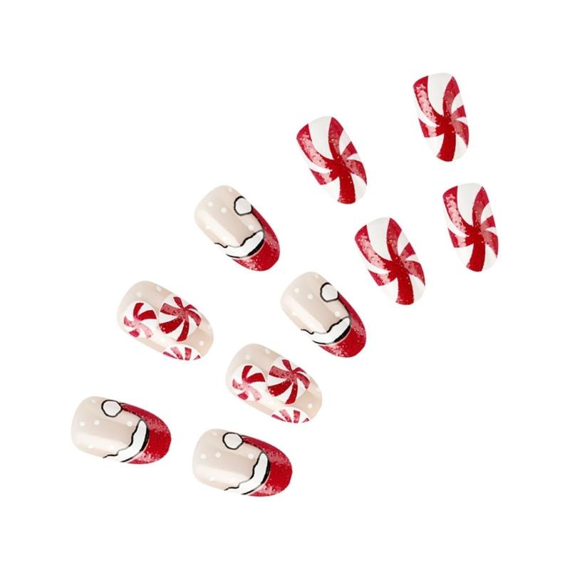 24Pcs Christmas Press On Nail Snowflake Design Full Cover Acrylic False Nail Stick on Nail Women’s Nail Accessories