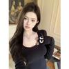 Women's Slim-Fit Velvet Shoulder T-Shirt - Autumn/Winter Long-Sleeve Chic Top