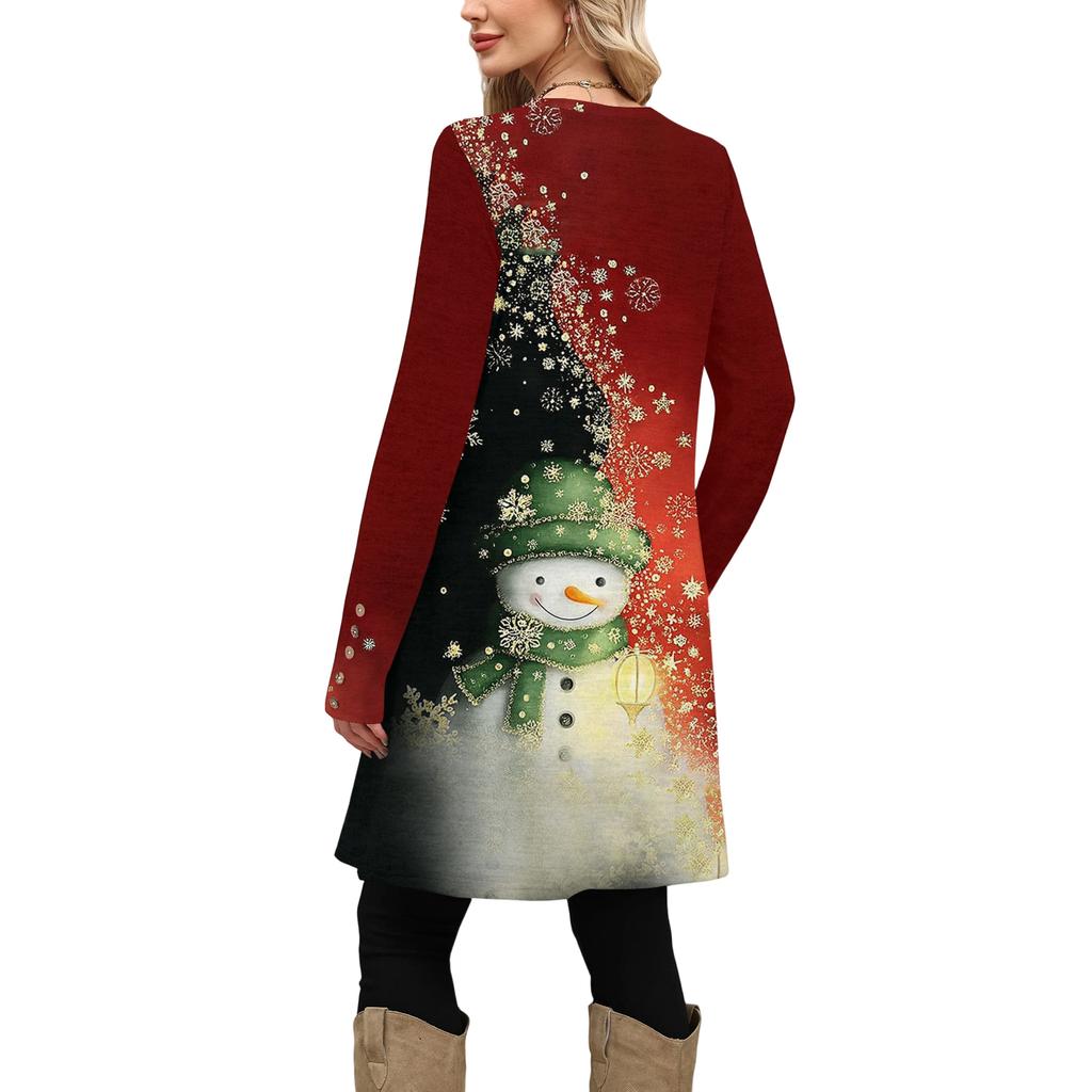 Women's Fashion Casual Dress With Pockets, Decorative Buttons, Christmas Prints, Round Neck And Long Sleeves