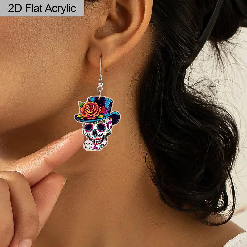 2D Flat Cute Halloween Sugar Skull Earrings Dangle Acrylic Day of The Dead Decor Gifts for Women Festival Charms