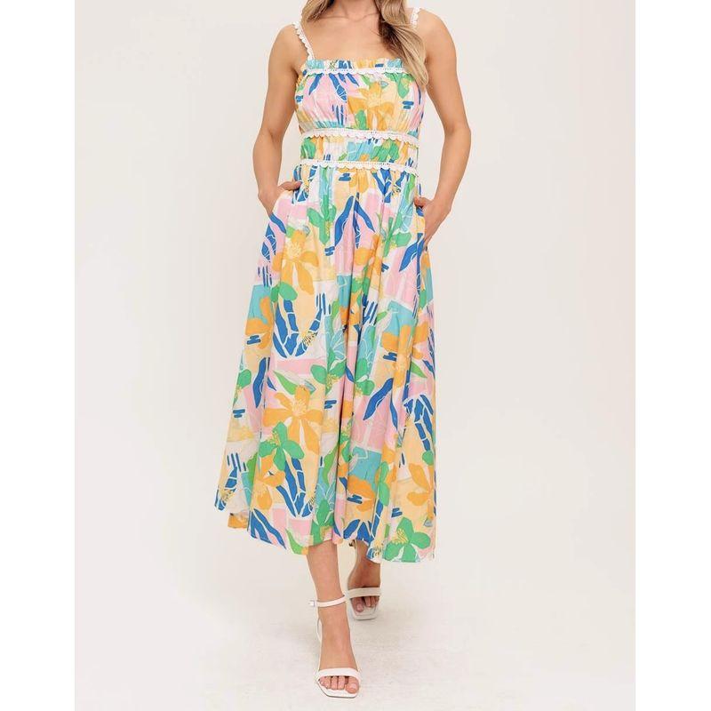 

Foreign Trade Order 100 Cotton Sling Elegant Lady Sweet Exquisite Print Waist Hugging Slimming Island Style Big Hemline Dress Flower color L