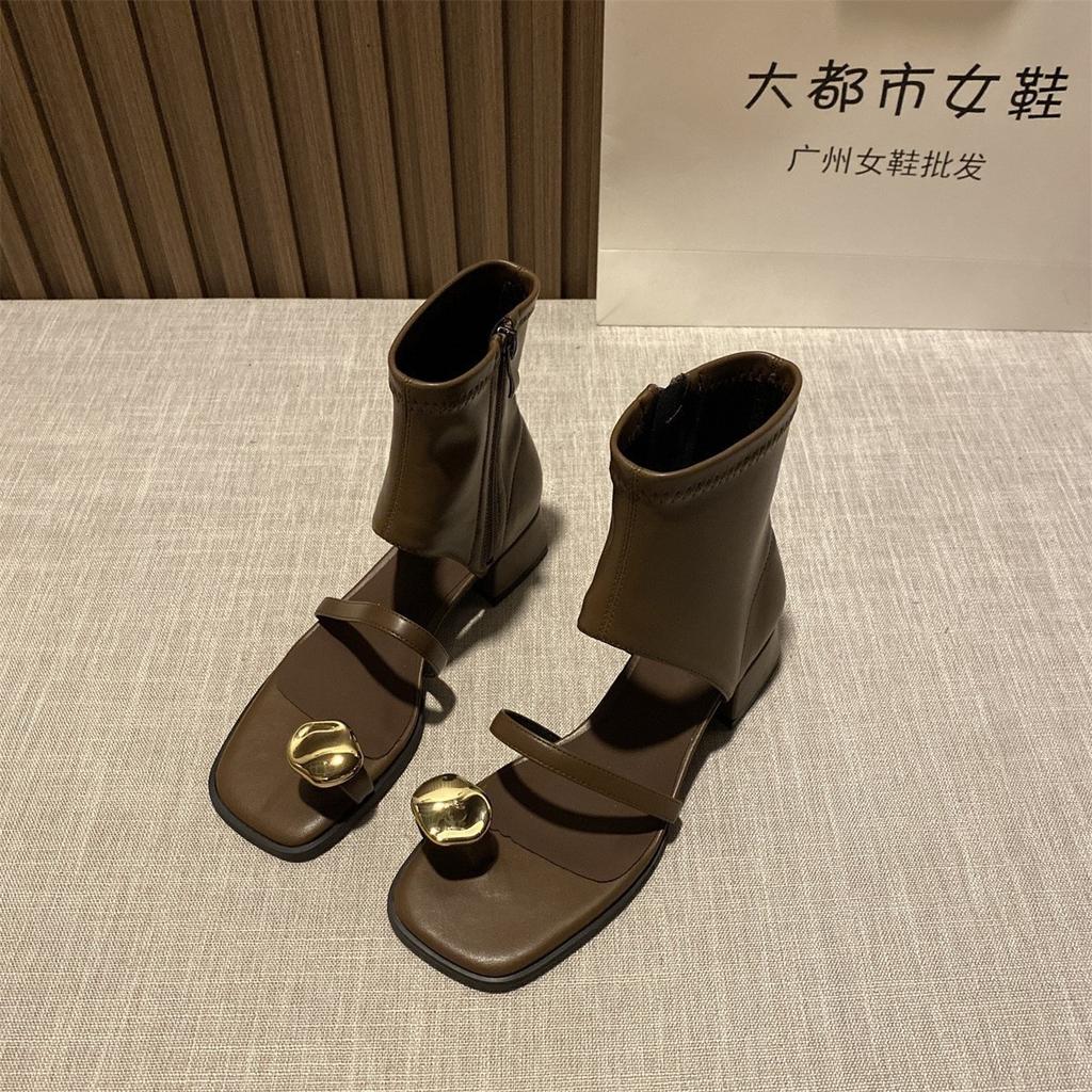 Fashion Design Sensation Black Sandals Women 2025Summer Square Head Thick Heel Bootie Hollow Out Side Zipper Toe Short Boot Korean Style