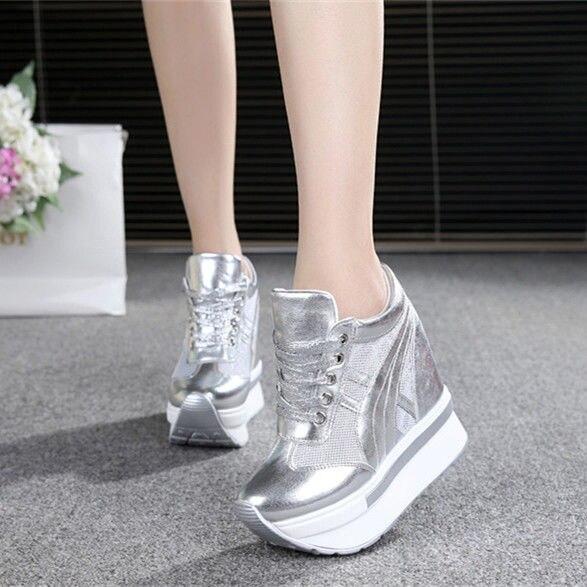 

Женские кроссовки на платформе 12 см, массивная женская повседневная обувь для папы, женская модная спортивная сетчатая обувь на шнуровке 38 серебряный