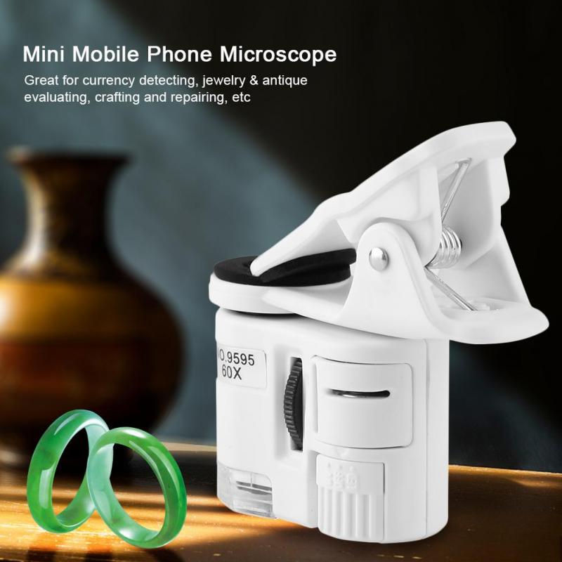 LED Clip-Type Loupe Microscope Jewelry /& Antique evaluating etc Crafting and Repairing 60X Magnifying Glass LED UV Light Mini Mobile Phone Clip Microscope for Currency Detecting