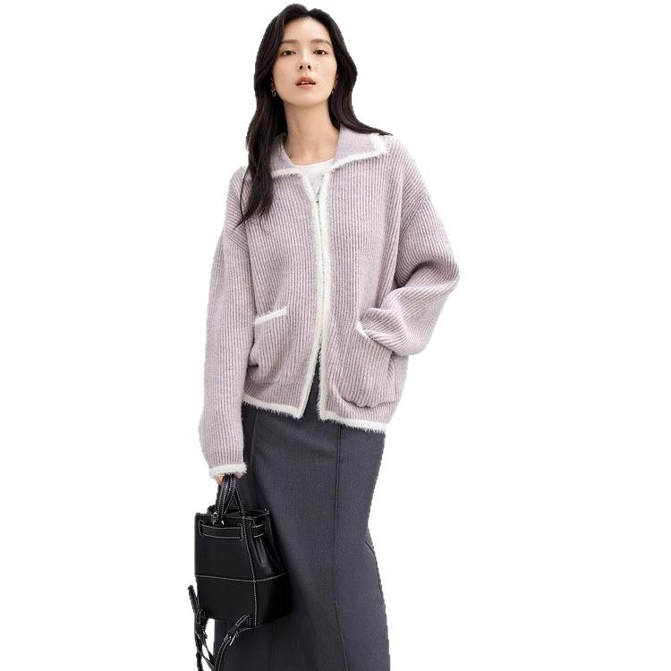 Turn Down Collar Contrast Sweater Jacket Pocket Knitted Zip-Up Cardigan
