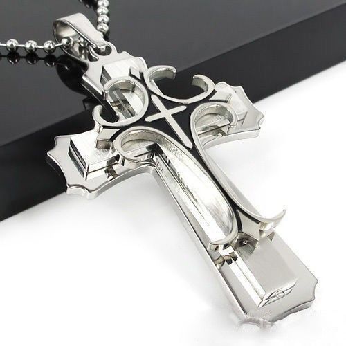 Men's Cross Pendant Necklace, Personalized Titanium Steel Layered Chain