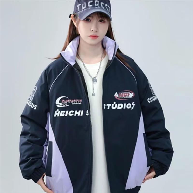 Unisex Retro Color Block Stand Collar Motorcycle Jacket - Trendy and Loose for Spring/Autumn
