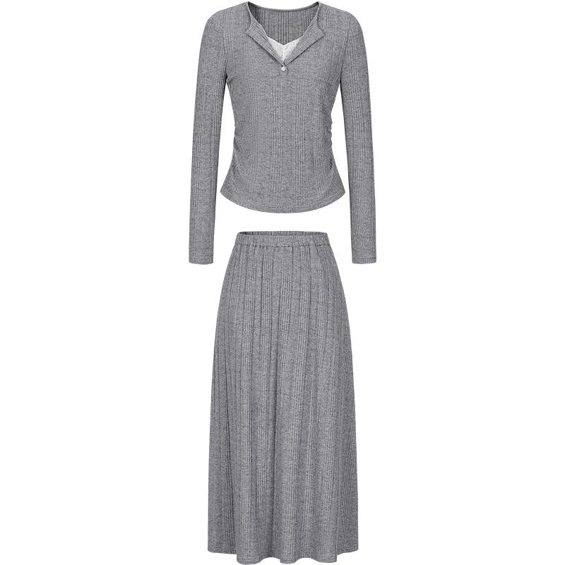 Anna Kou Women s Lace V-Neck Shimmer T-shirt & Skirt Set M серый