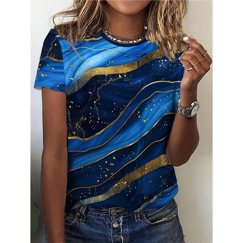 

Летний женский топ с коротким рукавом, повседневная футболка с круглым вырезом, модный топ с 3D-принтом, с цветочным градиентным узором, цветочная текстура 5XL