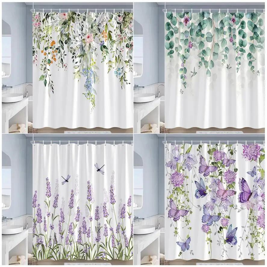 Rustieke Bloemen Douchegordijnen Vlinder Aquarel Bloemen Planten Paars Lavendel Badkamer Gordijn Polyester Decoratie met Haken