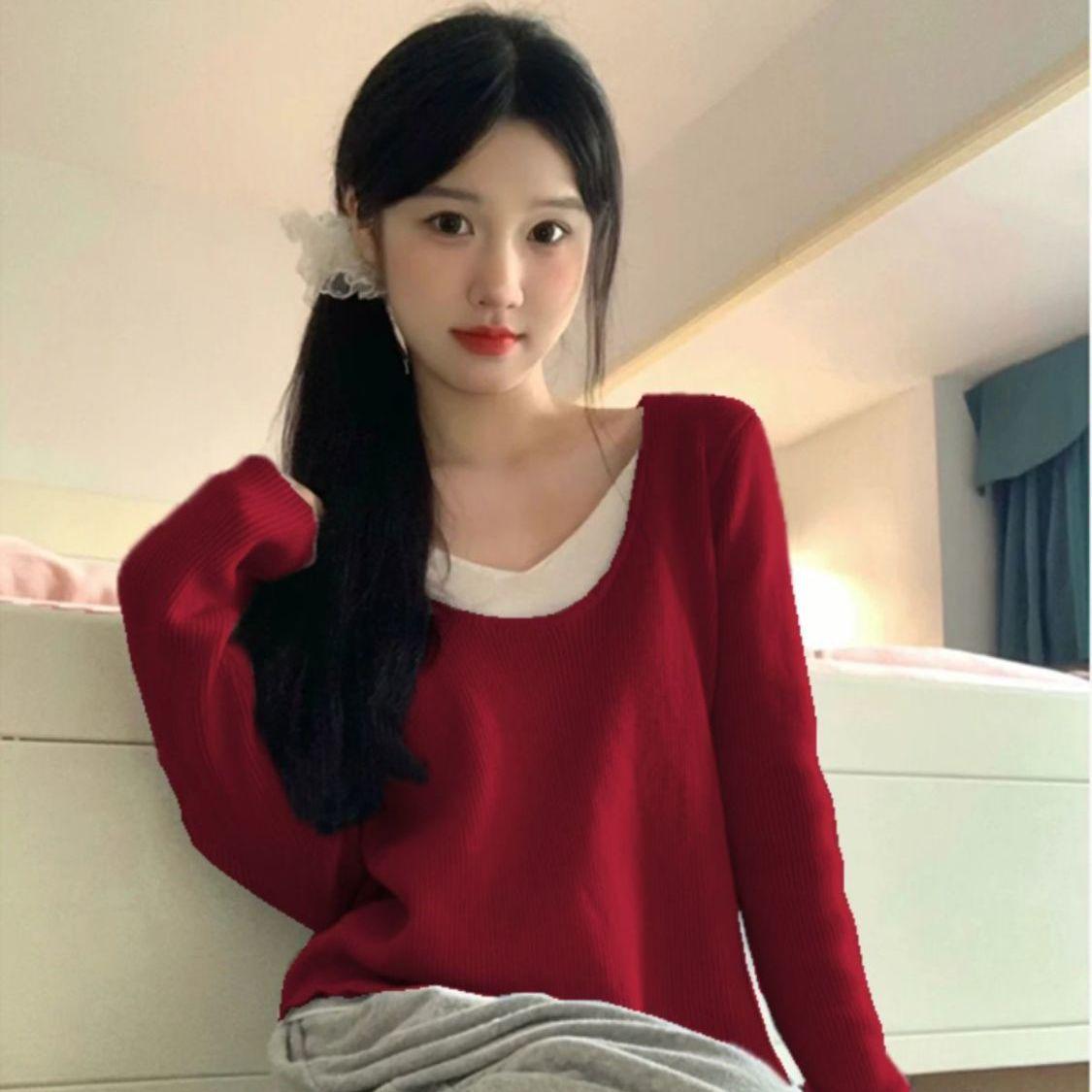 

Женский трикотажный топ с V-образным вырезом и цветными блоками - с длинным рукавом, дизайн «два в одном» для осени/зимы/весны. One Size красный