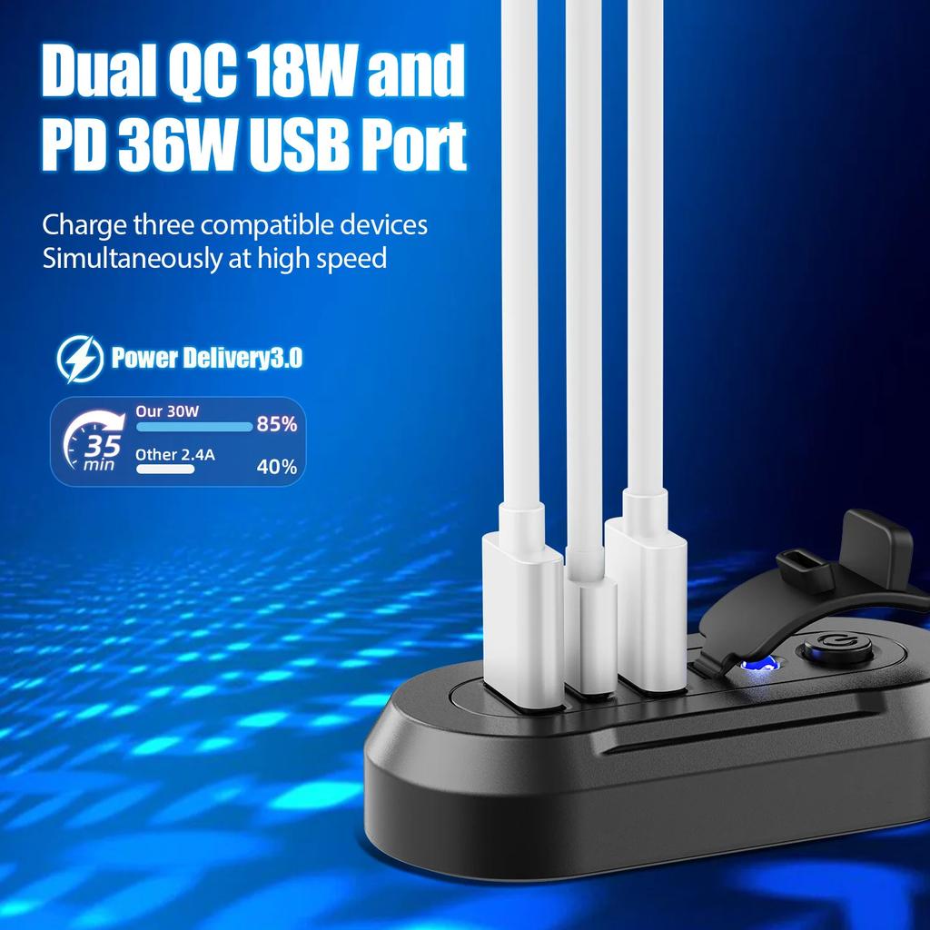 3-Ports USB Charger Socket Dual 18W QC3.0 & 36W PD3.0 12/24V Car Bus Boats Vehicle Universal Waterproof Charger Power Adapter