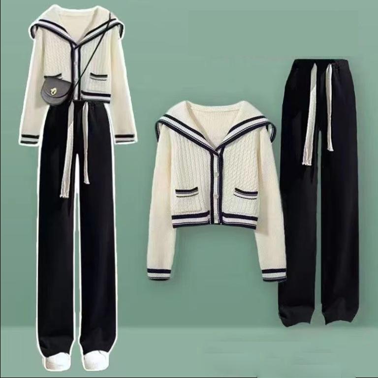 

Весна-Осень Трикотажный Женский Кардиган с Воротником Моряком, Эластичные Широкие Брюки, Спортивная Одежда, Комплект Из Двух Частей XS синий/чёрный