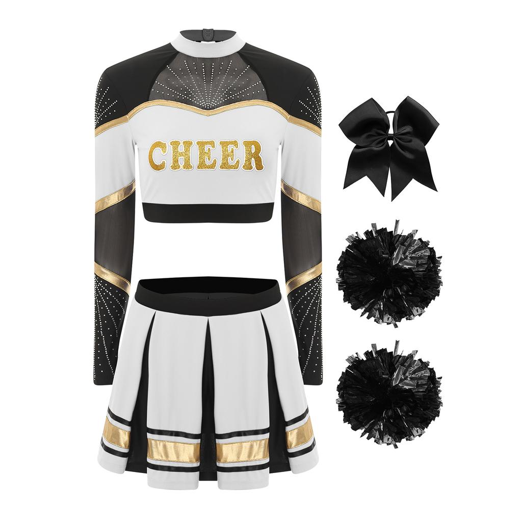 Damen Cheerleading Performance Tanz Outfit Langarm Stehkragen Strass Crop Top Faltenrock Haargummi Set