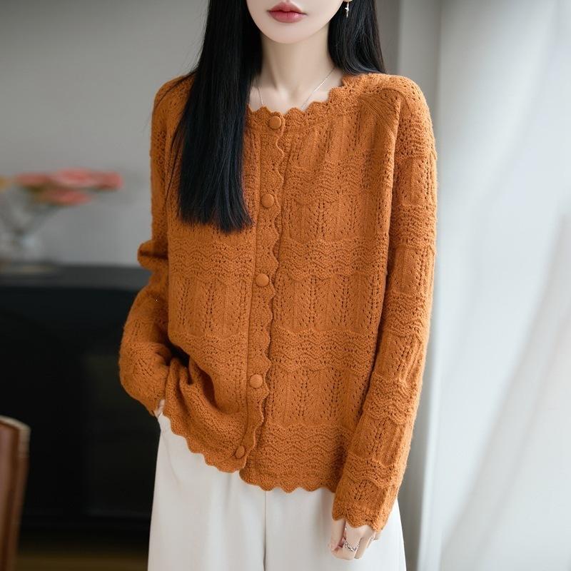 Round-neck Knitted Cardigan with Long Sleeves, Women's Sheer Loose-fitting Top Coat