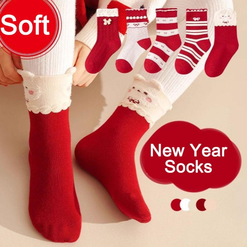 5Pairs Bowknot Children New Year Socks Stripe Kids Hosiery Fashion Cartoon Red Socks Gifts