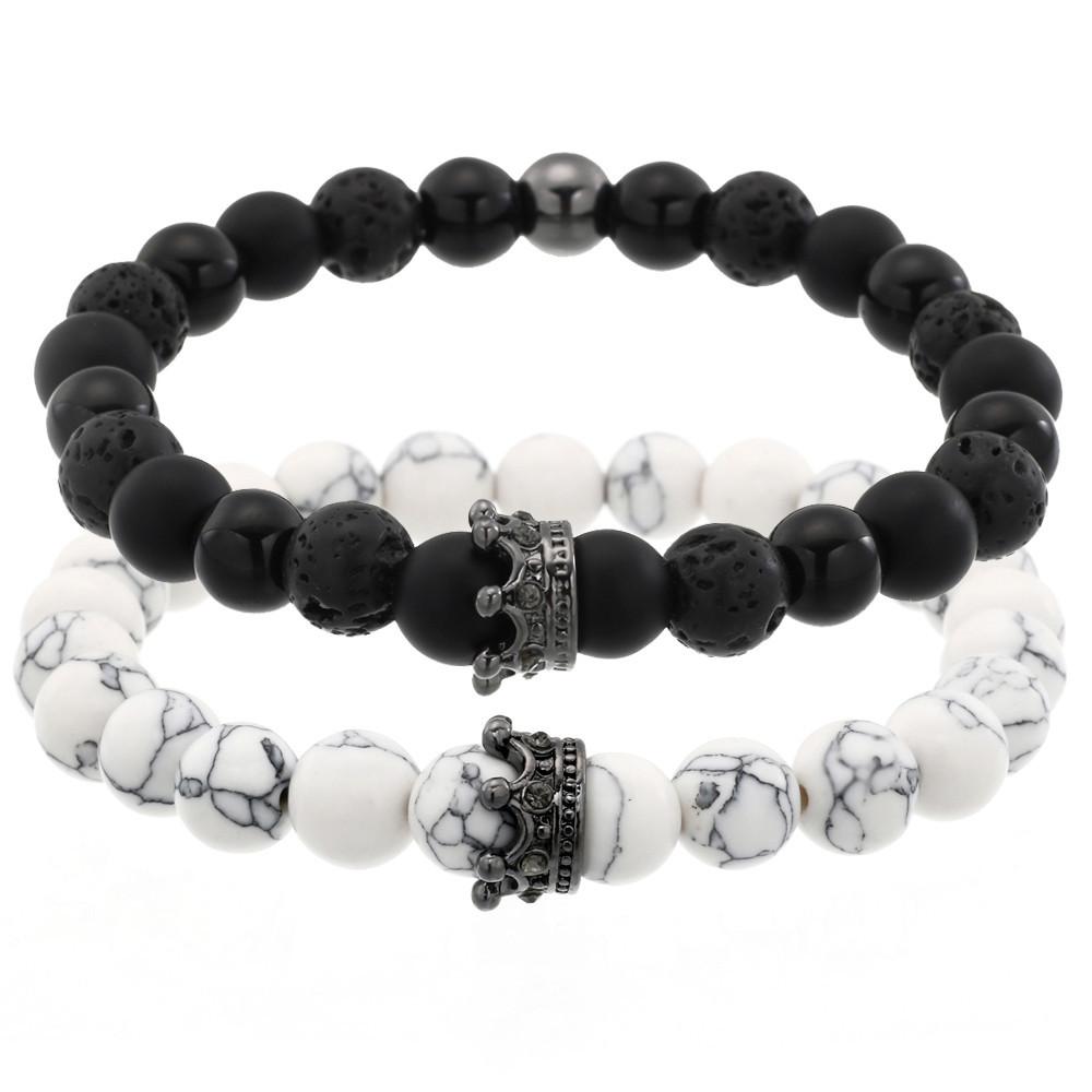 Hot-selling Couple Bracelet Combination, Turquoise Volcanic Stone Black Diamond Mixed Wear Diamond Crown Bracelet Set.