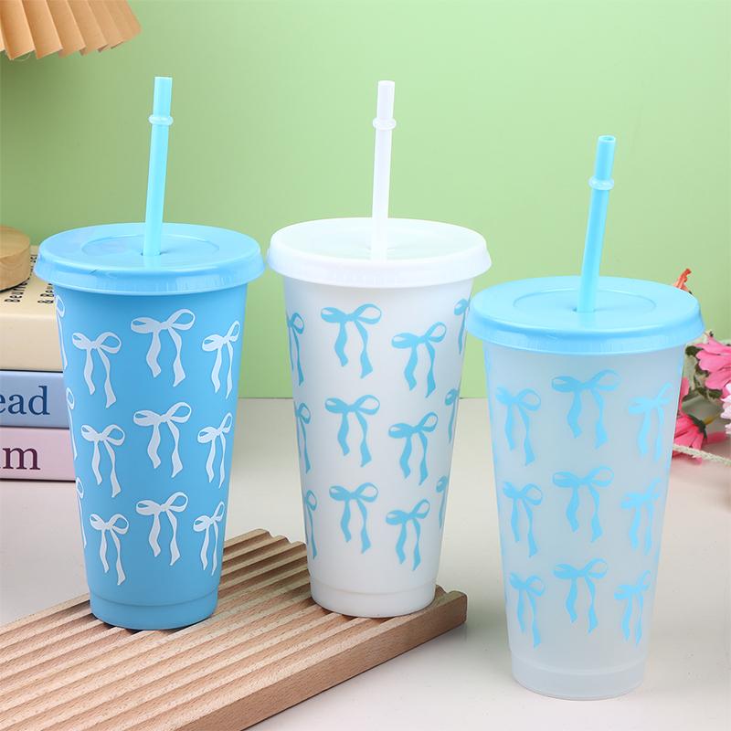 1Pc 710Ml Kawaii Bow Reusable Party Cups With Straw Lid Coffee Juice Tea Cute Tumbler With Straw Plastic Cups Summer Gifts
