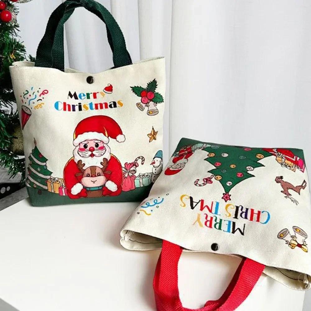 Christmas Gift Bag Canvas Handheld Cartoon Santa Xmas Tree Elk Design for Natal Navidad New Year 2026 Party Favor