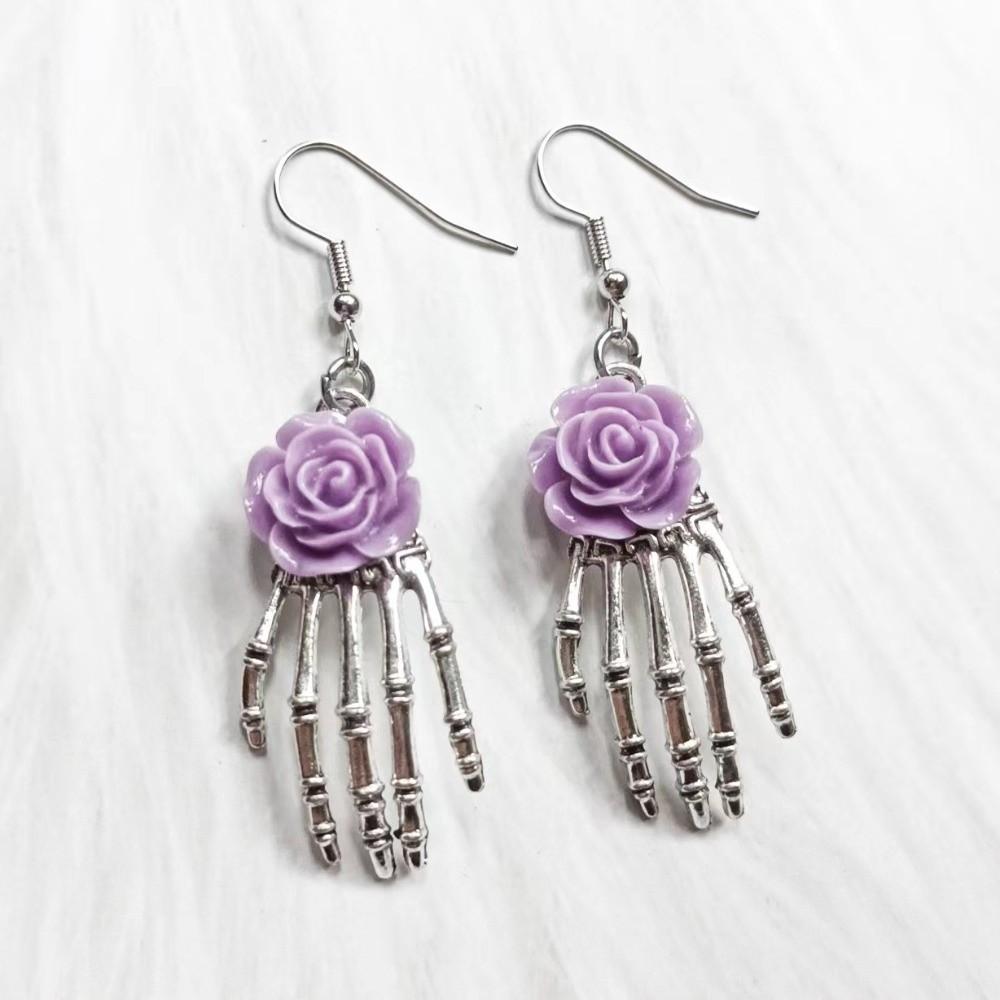 Gothic Skull Hand Rose Earrings Dark Punk Dangle Earrings Gift Gothic Bone Earrings  Concert фиолетовый