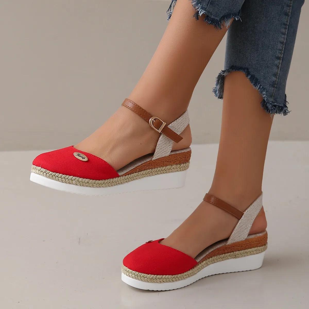 

Women Closed Toe Wedge Sandals Women 2026 Summer Buckle Strap Gladiator Shoes Woman Fashion Espadrilles Platform Sandalias 36 красный