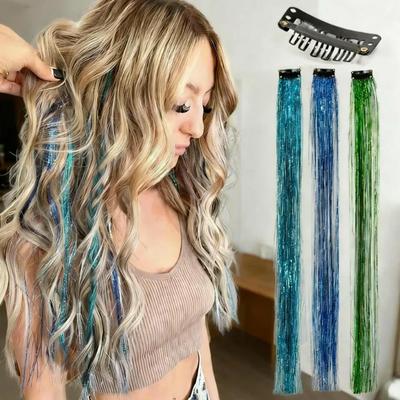 Synthetic 3Pcs Colored Hair Extensions Clip In Colorful Hair Extensions Rainbow Hair Extensions for Women Girls Hair Extensions