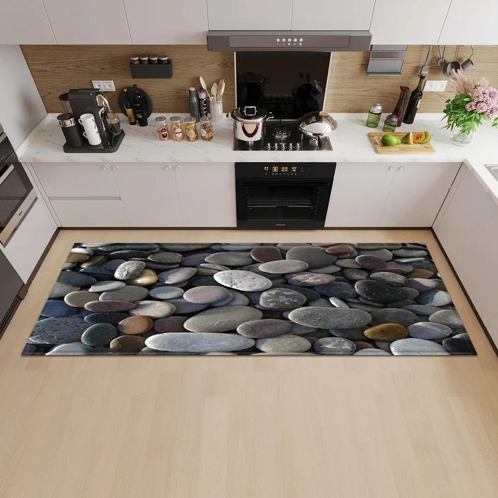 Non Slip Washable Natural Stone Runner Mat Realistic Pebble Design Rug for Kitchen Hallway Corridor Home Decor Floor Carpet