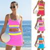 3Pcs/Set Swimsuit Set Padded No Underwire Bra High-Waist Bikini Briefs Set with Overskirt Color-Blocked Wave Pattern Bikini Set