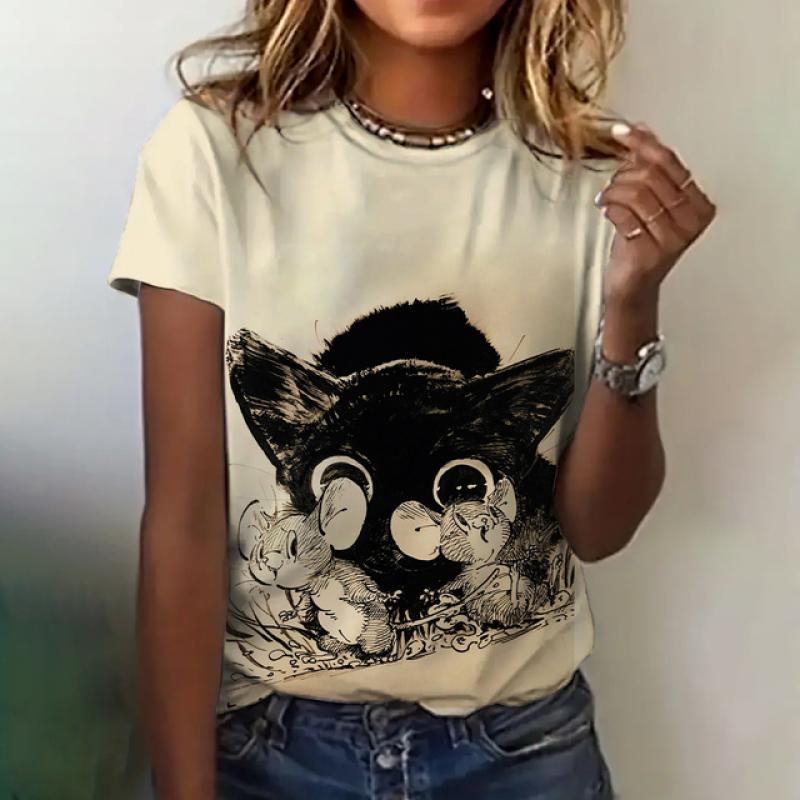 Women's T-shirt Fashion Crew Neck Short Sleeve Summer Loose Breathable Clothing Cat Print Top Women's Clothing Elegant T-shirt