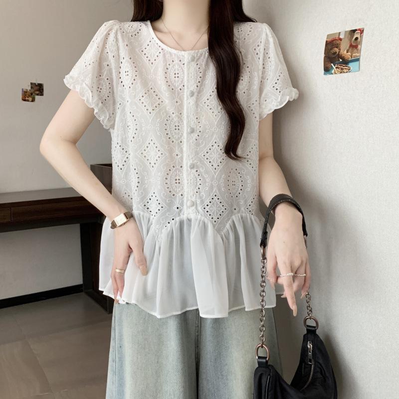 

Plus Size Summer Embroidered Mesh Hem Short Sleeve Top Plus XL білий