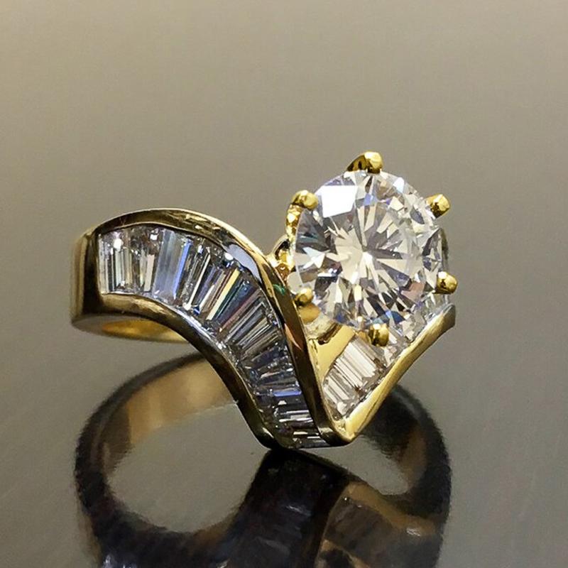 Huitan Anelli da Donna Lusso a Forma di V Colore Oro per Fidanzamento Matrimonio Festa Cristallo Scintillante Zirconia Cubica Nuovi Gioielli Trendy