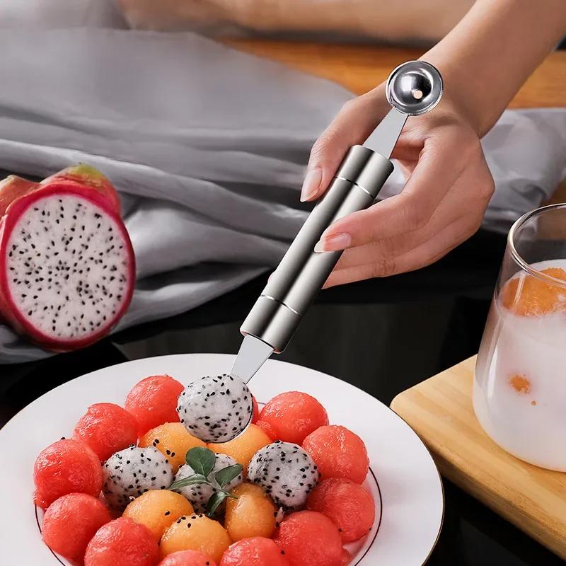 2Pcs Stainless Steel Fruit Spoon Digging Watermelon Ball Spoon Fruit Carving Knife Ice Cream Baller Scoop Stacks Spoon Kitchen