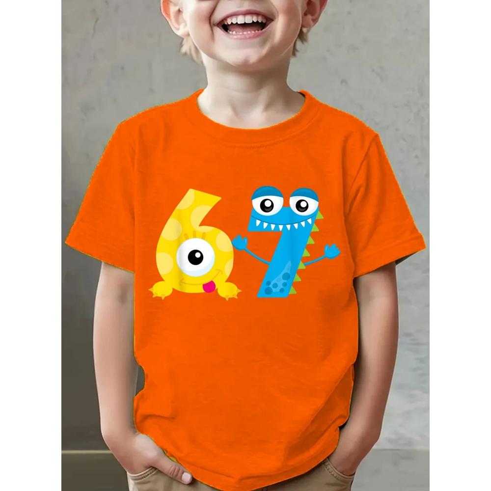 Tricou pentru băieți cu grafică cu numărul 67, imprimeu 3D, confortabil, cu gât rotund, mâneci scurte, top casual de vară pentru fiecare zi, sport, tricou pentru copii