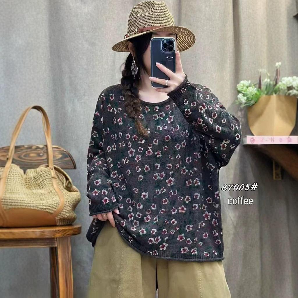 2026 Herbst Retro Floral Gestrickter Pullover - Lockerer Rundhals Pullover