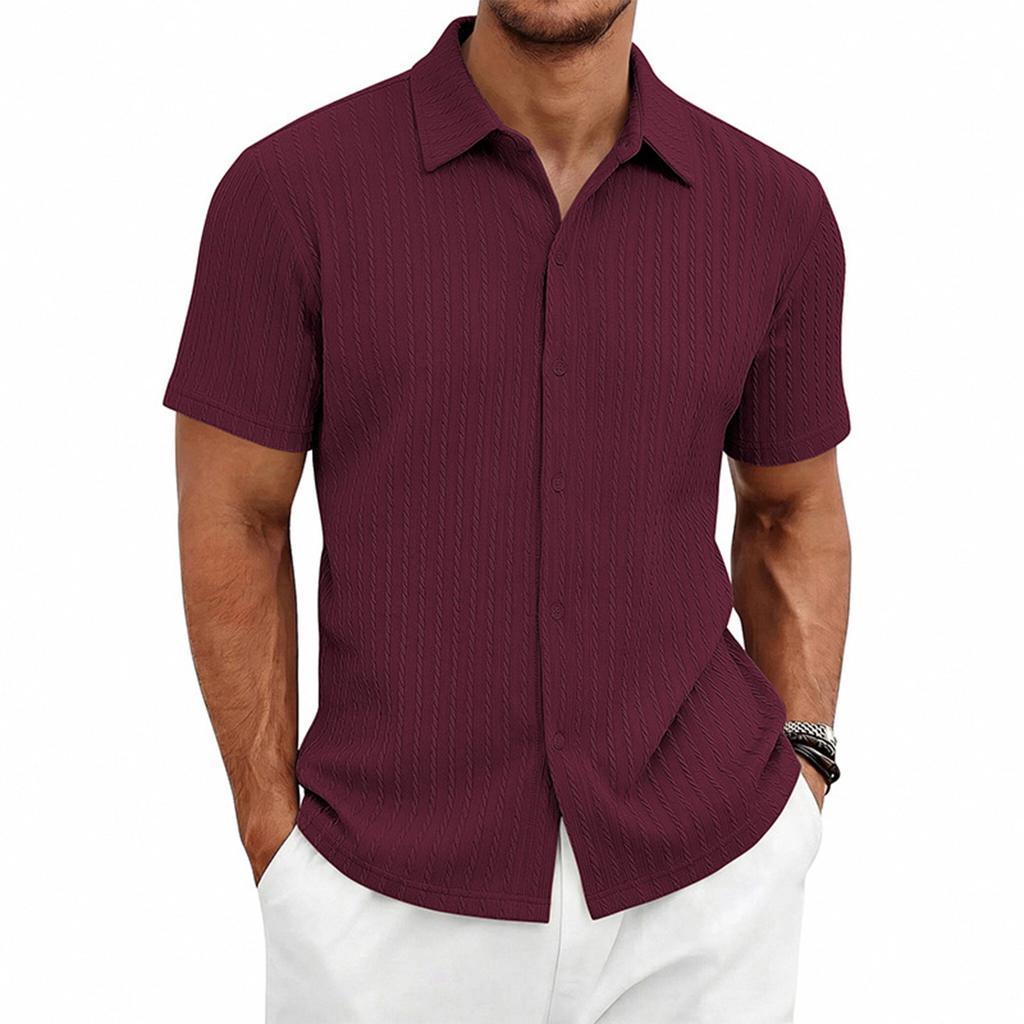 Men's Short Sleeve Button Down Shirt Knit Fabric Classic Collar Casual Fit Top for Daily Wear