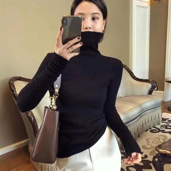 WTEMPO High Collar Stretchy Long Sleeve Slim Knitted Pullovers Women's Solid Color Casual Spring Autumn Soft Warm Sweaters