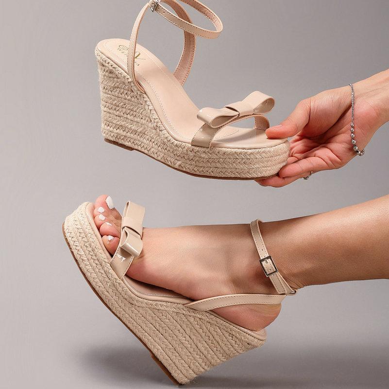Fashion Hemp Rope Wedge Heel Bow Sandals, Summer Vacation Casual High-Heeled Flip-Flops, Platform High Heels