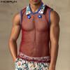 INCERUN Men Sleeveless Mesh See Through Stitching Flowers Embroidery Tank Tops