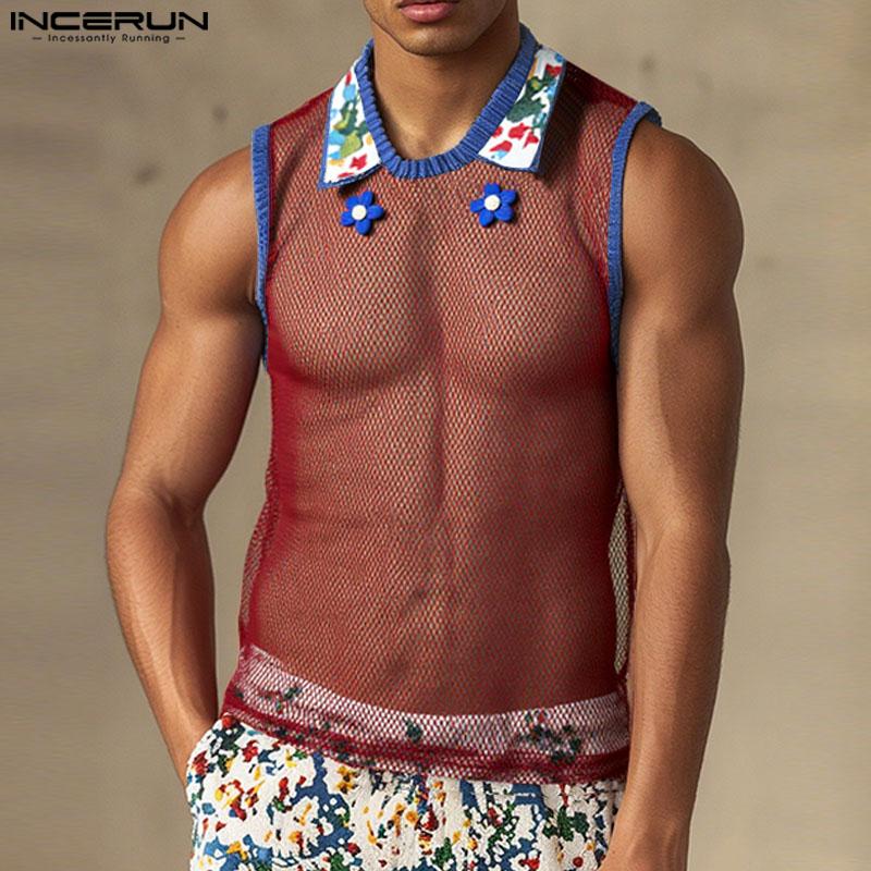 INCERUN Men Sleeveless Mesh See Through Stitching Flowers Embroidery Tank Tops