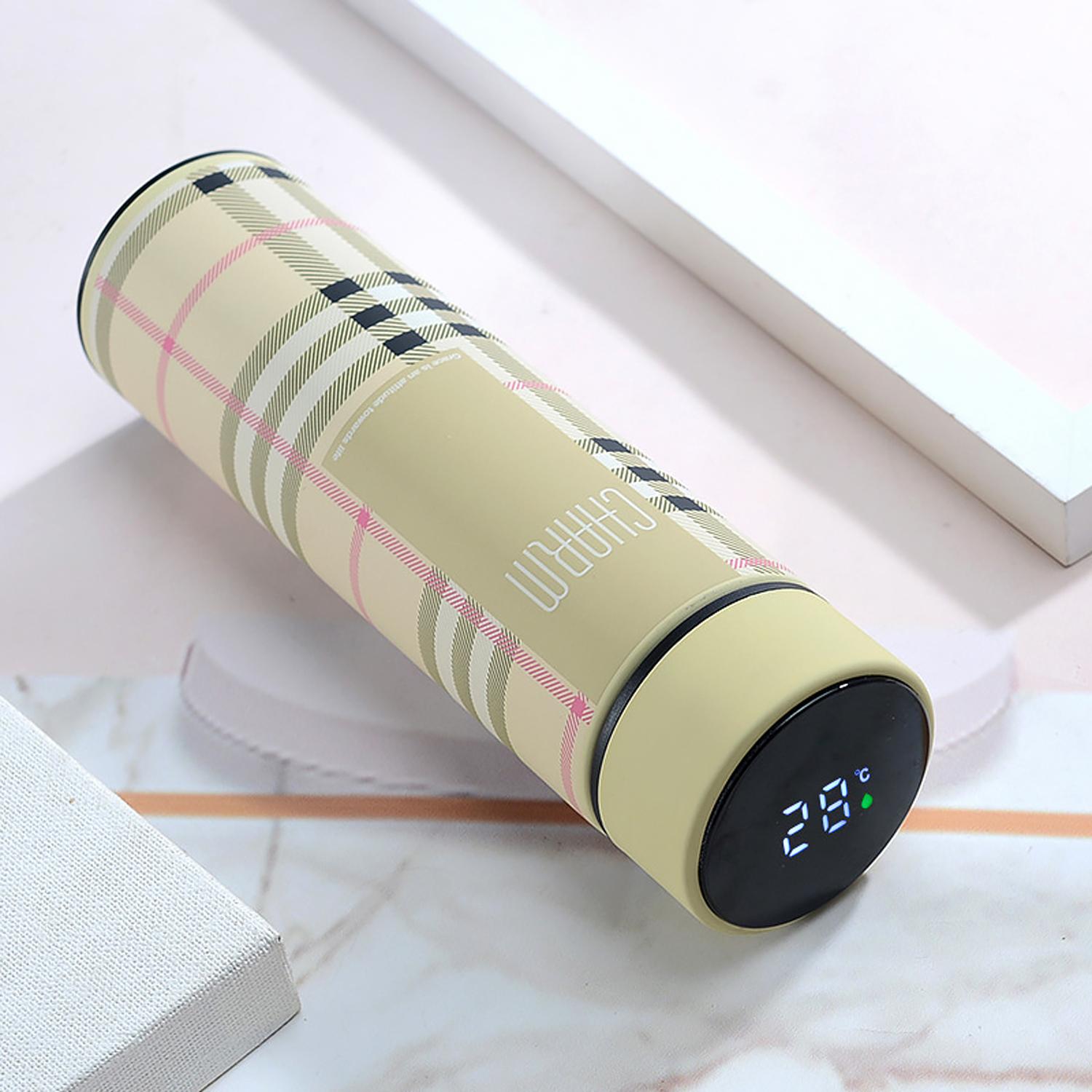 

500ml Checkered Stainless Steel Creative Smart Thermos Bottle Temperature Display Thermal Mug Leak Proof Coffee Cup, Milk Cup 51-100ml
