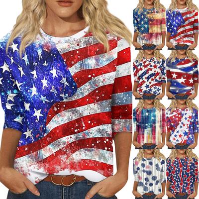 Damenmode Lässiges Rundhals-T-Shirt mit 3/4-Ärmeln und lockerem Aufdruck