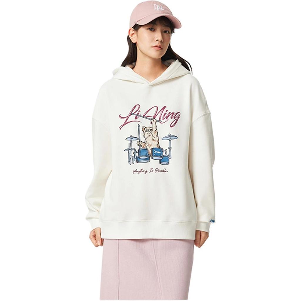 Li Ning Sports Lifestyle Series Simple Fleece Versatile Letter Cartoon Animal Print Drop Shoulder Loose Hoodie Women Hoodies Off-White AWDVC78-1