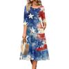 Women's Independence Day Dress - Casual Midi, Round Neck, Three Quarter Sleeves, Ruching Waist, for Spring Fall Parties