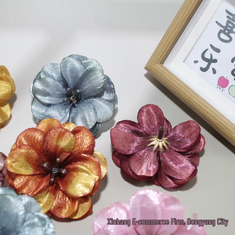 Camellia Gold Thread Artificial Flower Heads for DIY Hairpins and Home Decor Ornaments