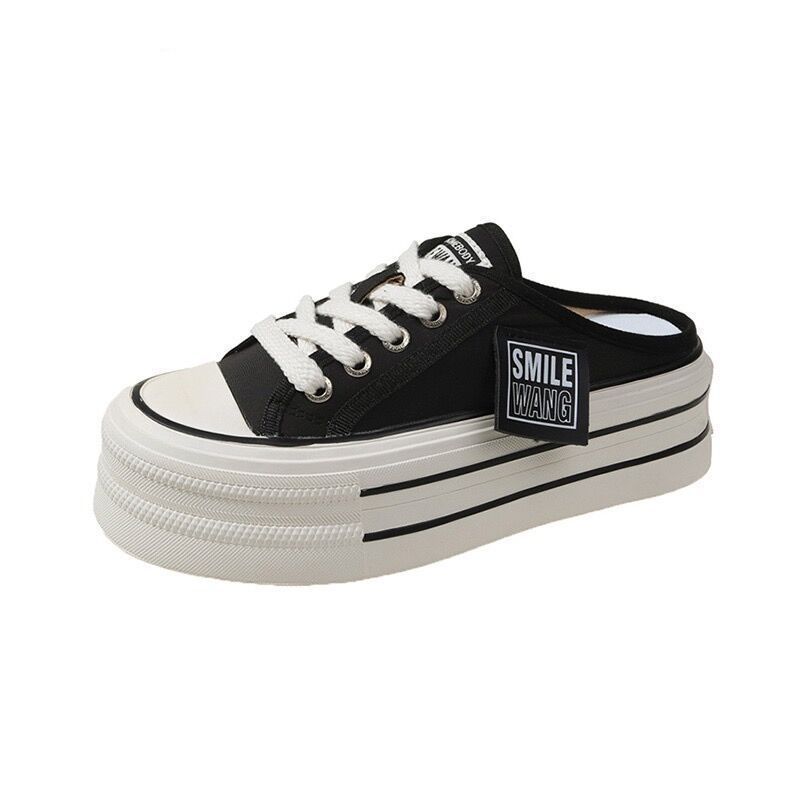 2025 summer new thick-soled heightening slippers trend versatile lazy one pedal half drag fashion casual canvas shoes women